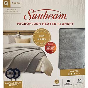 Sunbeam twin Microplush Electric Heated Blanket with 10 Heat Settings, Preheat Feature, 2 Personalized Controllers, UL Certified (Gray)