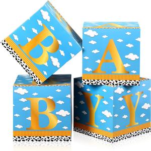 Faccito 4 Pack Cartoon Style Baby Shower Box Inspired Cartoon style Balloon Boxes Blocks Blue Sky Cloud Print Centerpiece Decor for Birthday Gender Reveal Party Decoration