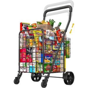 Shopping Cart for Groceries, Height Adjustable Folding Utility Cart with Double Baskets, Extended Foam Cover 360 Swivel Wheels Trolley for Groceries, Laundry, Travel (Medium)