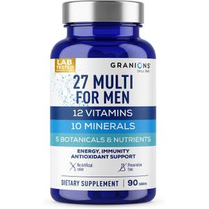 Granions 27 Mens Multivitamins Minerals Extracts - Vitamin D3, C, B12, Zinc, Magnesium, CoQ10, Quercetin, Maca Plus Multivitamin - Daily Mens Vitamins Supplement Multi for Men - 90 Tablets, BB:04/2028