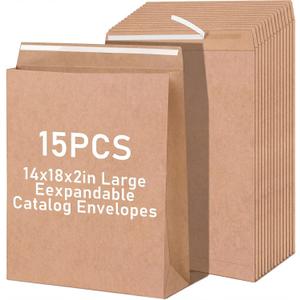 Fullhawl 15 Pcs 14 x 18 x 2 Inch Large Expandable Catalog Envelopes Manilla Kraft Peel and Seal Envelopes Light Large Mailing for Office Home Documents Magazines Photos Storage Organizing (Brown)