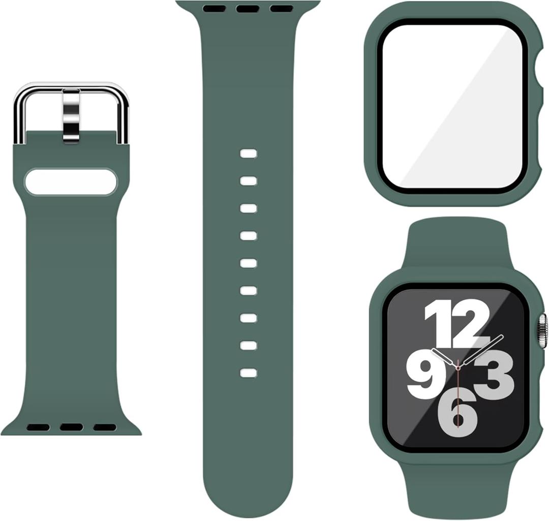 Sport Silicone Band and Case with Screen Protector for Apple Watch Series 11 Series 10 Series 9 Series 8 Series 7 Series 6 SE(Gen 1,2,3) Series 5 Series 4 (Pine Green)