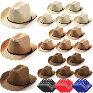 Zhanmai 18 Set Cowboy Hats and Bandanas Set - Straw Hats, Western Bandanas, Party Cowboy Costume Accessories