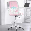 Tall Drafting Chair with Footrest Ring for Home and Work, Ergonomic Home Desk Office Chair with Flip up Arms and Lumbar Support, Extended Height Executive Home Desk Office Chair(Pink)