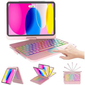CC Store for iPad (A16) 11th 10th Generation Case with Keyboard - 7 Color Backlit 360 Swivel Multi-Touch Track Pencil Holde for iPad 11-inch A16 2025 10th Gen 10.9 Inch 2022 (Rose Gold)
