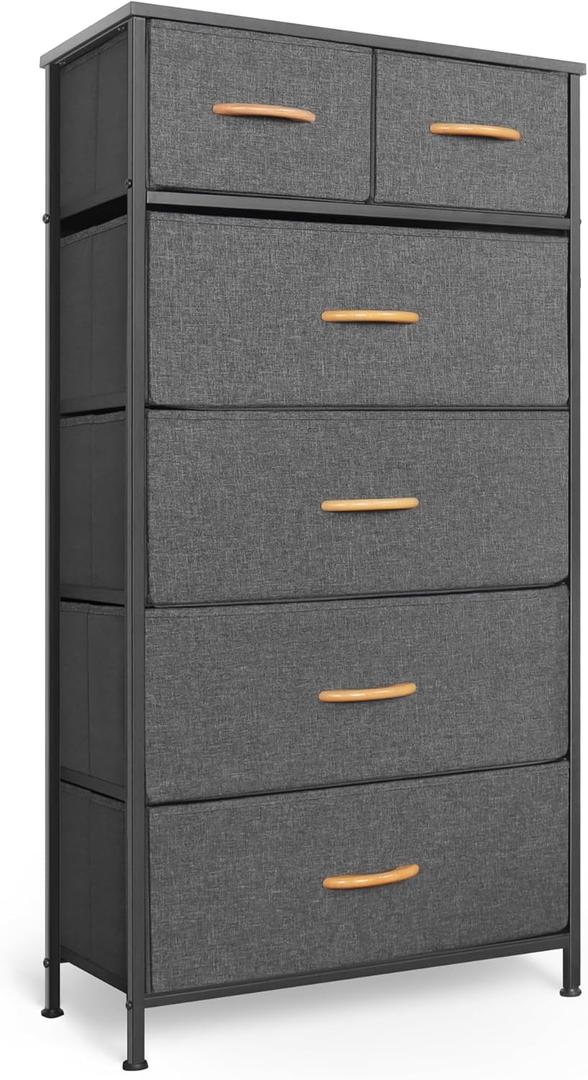 Mifuro Tall Dresser for Bedroom, Vertical Storage Organizer Tower with 6 Drawers, Chest of Drawers with Fabric Bins, Steel Frame, Wood Top for Bedroom, Closet, Entryway- Grey