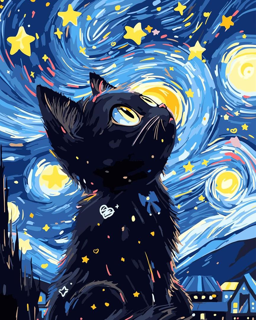 Yunnuo Paint by Numbers for Adults Black Cat, Paint by Numbers Kit on Canvas for Beginners, Starry Night Number Painting Set Craft Supplies, 3 Paintbrushes and Acrylic Paint 16x20 Inch