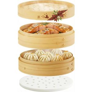 Prime Home Direct Bamboo Steamer Basket 8-Inch | 2-Tier Steamer for Cooking | 50 Liners | Small Instant Steaming Cookware Asian Food, Bao Buns, Chinese, Dim Sum, Dumpling, Rice, Vegetable Steam Pot
