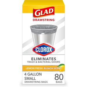 Glad Small Drawstring Trash Bags with Clorox, 4 Gal, Lemon Fresh Bleach, 80 Ct (Package May Vary)