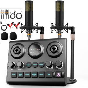 Podcast Equipment Bundle for 2, Audio Mixer with Dynamic Podcast Microphone, 48V Phantom Power, Voice change for Recording, Streaming, Gaming, Tiktok, PC, Phone, Guitar