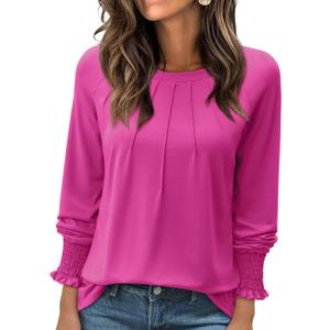 Long Sleeve Shirts for Women 2026 Spring Dressy Casual Blouses Pleated Crewneck Tunic Tops for Leggings Cute Tee (XX-Large, Hot Pink)