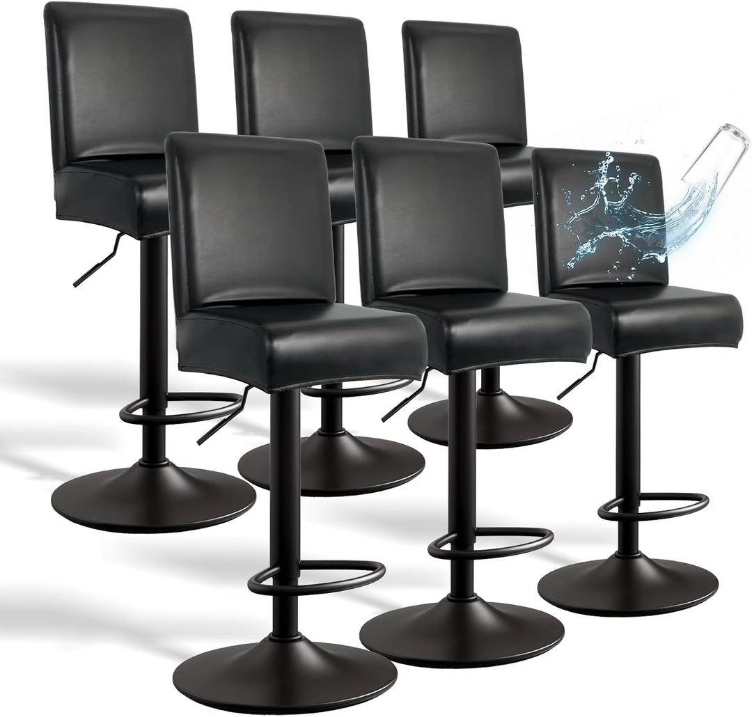PU Leather Bar Stool Covers with Backs, 6 Pack Stretch Waterproof Bar Stool Chair Covers Washable & Comfortable Barstool Covers Slipcovers with Back for Pub/Counter/Dining Room Decoration (Black)