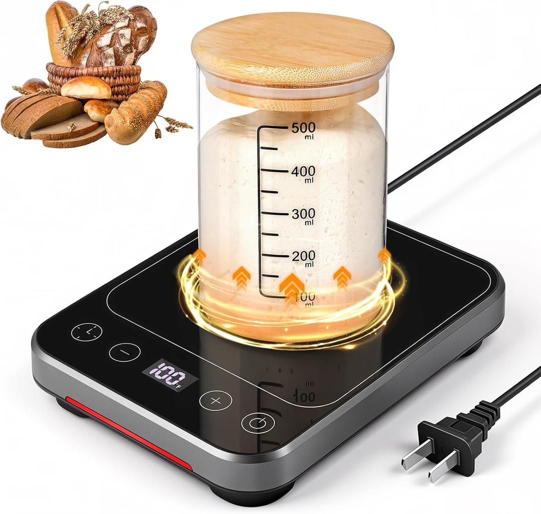 Sourdough Starter Warmer Mat, Sourdough Heating Mat for 2440oz Jars, Precise 1F Thermostat Control (70-100F) Sourdough Warmer, 0-12 Hour Timer, Auto Shut-Off, Ideal for Home Baking