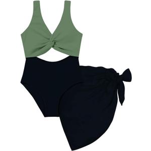 Funnycokid Girls One Piece Swimsuit Color Block Teen Bathing Suit with Pad Cover Up Skirt(7-16Y)