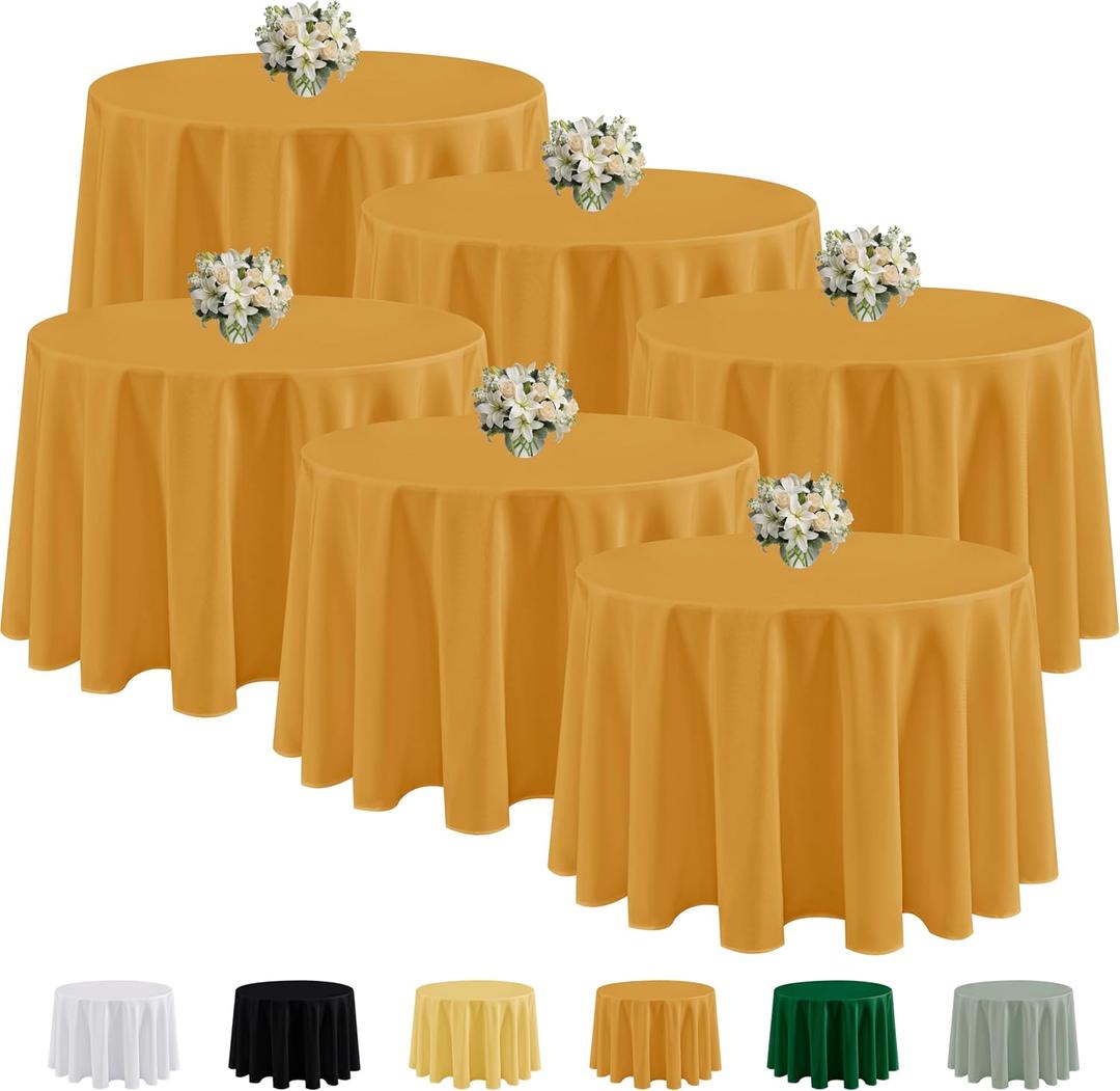 Fitable 6 Pack Gold Round Tablecloths - 90 Inches Round - Wrinkle and Stain Resistant Fabric Table Clothes, Washable Polyester Table Covers for Wedding, Party, Banquet, Formal Events