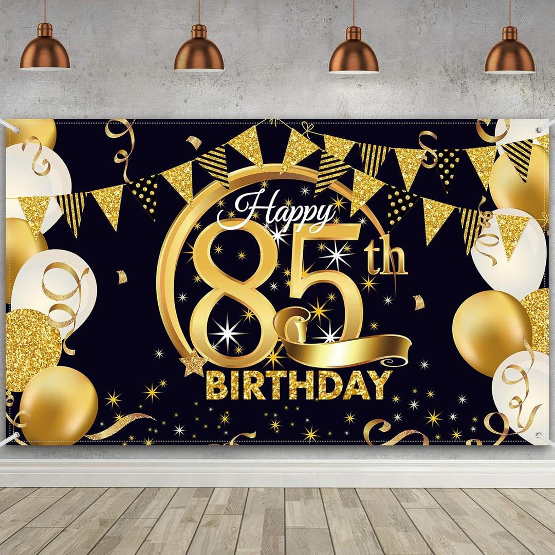 Birthday Party Decoration Extra Large Fabric Black Gold Sign Poster for Anniversary Photo Booth Backdrop Background Banner, Birthday Party Supplies, 72.8 x 43.3 Inch (85th)