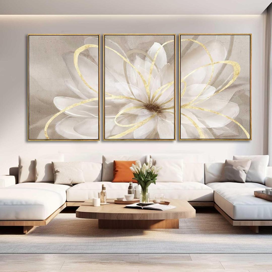 SOUGUAN Living Room Decor White Flower Artwork Gold Canvas Wall Art Abstract Line Painting for Bedroom Kitchen Dining Room Home Wall Decor 26"x40"x 3 Pieces