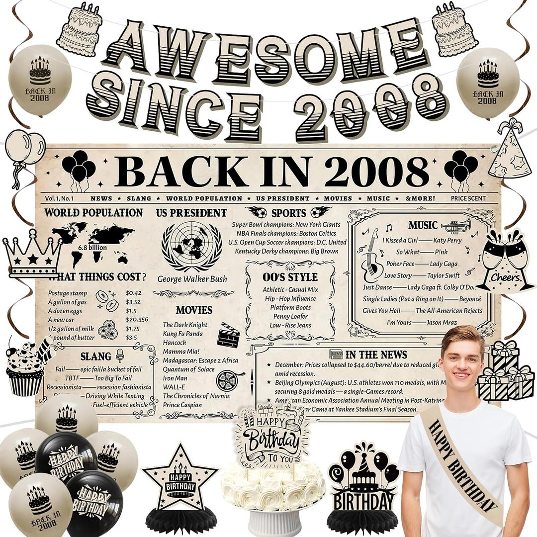 Holkcog 18th Birthday Decorations Kit for Boys, Vintage 25PCS Back In 2008 Backdrop Decor, Banner Cake TopperBalloons for 18th Boys Girls, Awesome Since 2008 Party Supplies, 18 Year Old Girls Gifts