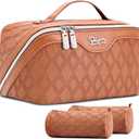BOYATU Travel Makeup Bag for Women: Large Capacity 3-Piece Quilted Cosmetic & Toiletry Organizer - 2 Detachable Pouches Expand Storage by 50%, Open Flat for Easy Packing, Waterproof PU Leather(Brown)