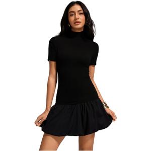 GORGLITTER Women's Summer Bubble Mini Sun Dresses Y2k Short Sleeve Mock Neck Going Out Graduation Easter Dress 2025 Black Small