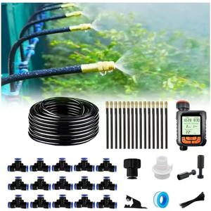 New drip Irrigation kit, Automatic Garden Watering System, Quick Connector and 360-degree Bending Dropper atomizing Copper Nozzle, Garden Plant Lawn Courtyard Watering System. (Timer)