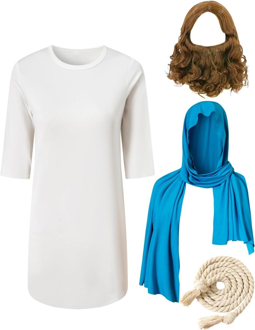 PROMOTED TO BIG SISTER Boys Jesus Saint Religious Biblical Robe Halloween Costume Wig Moustache Scarf Shawl Waist Rope Set (9-10 Years, Blue)