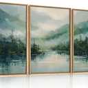 LHIUEM Large Geen Forest Mountain Framed Canves Wall Art Set,Misty Watercolor Artwork,Abstract Modern Nature Pine Tree Landscape Painting for Living Room,Bedroom,Office-16''x24''x3 Foggy Mountain Wall Art