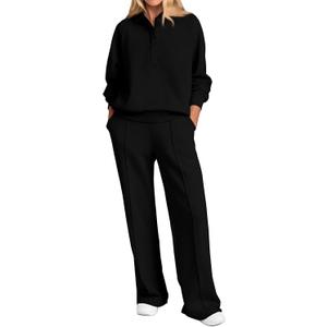 PRETTYGARDEN Women Fall 2 Piece Outfits Sweatsuits Quarter Button Long Sleeve Sweatshirt Wide Leg Pants Tracksuit Lounge Sets (Black, XXL)