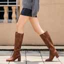 ISNOM Knee High Boots Women Chunky Low Heel Square Toe Elastic Boots Side Zipper Faux Leather Fall Long Tall Boot (6, A-reddish Brown)