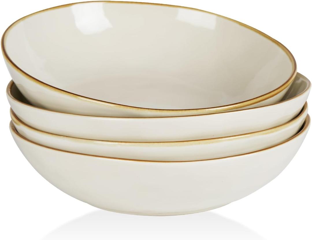 famiware Large Pasta Bowls Set of 4, Ocean Round 8.5" Pasta Serving Bowl Large Dinner Bowls, Kitchen Bowl Set, Microwave and Dishwasher Safe, Scratch Resistant, Vanilla White