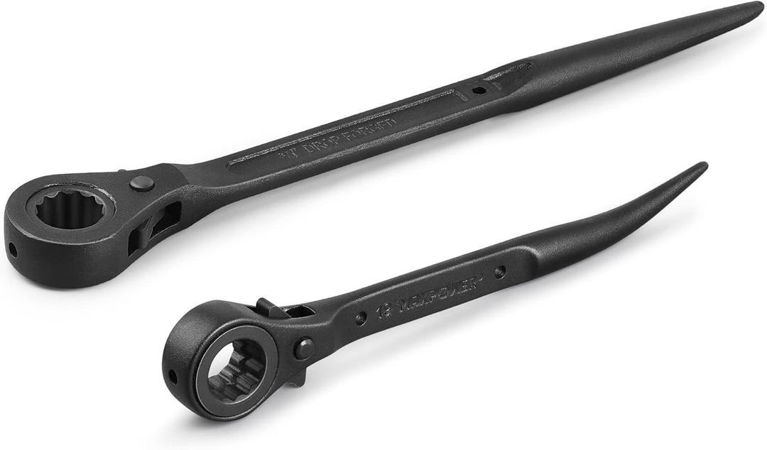 MAXPOWER 2PCS Low Profile Ratchet Scaffold Wrench Set, 7/8 Inch x 3/4 Inch Dual Socket Spud Ratchet, 17mm x 19mm Metric