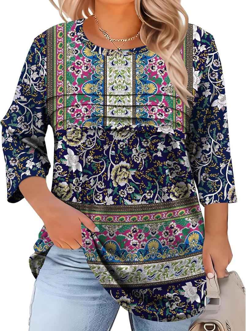 LOMON Plus Size Women Blouses 3/4 Length Sleeve Tops Crewneck Pleated Casual Tees Shirts 1X-5X (XXXL)