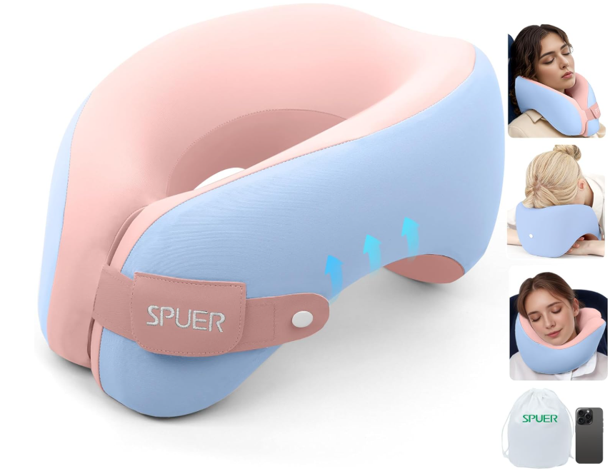 SPUER 2in1 Ergonomic Memory Foam Travel Neck Pillow – Upgrade Travel Pillow for All Sleep Positions on Flights, Road Trips, and Long Distance Travel with Drawstring Bag (Adjustable  Blue and Pink)