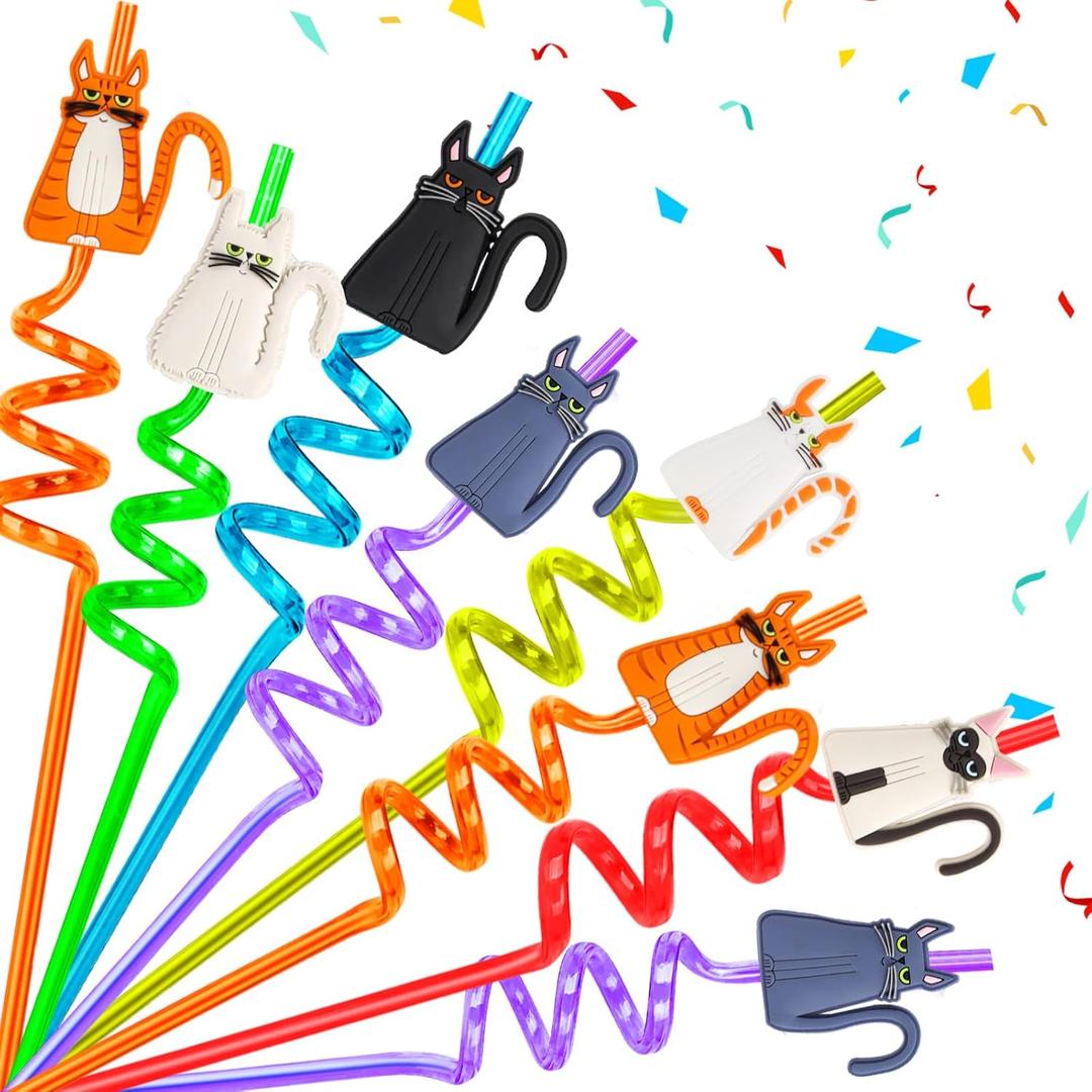 24Pcs Reusable Cat Straws, Cat Party Supplies,Suitable for Animal Theme Party Birthday Party Decorations With 2Pcs Cleaning Brushes