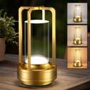 Portable Table Lamp for Outdoor Indoor: Cordless Rechargeable Desk Lamp with 3 Color Stepless Dimmable - Metal Battery Operated Small Lantern Light for Restaurant/Bedroom/Bar/Coffee Shop/Camping (Transparent Gold)