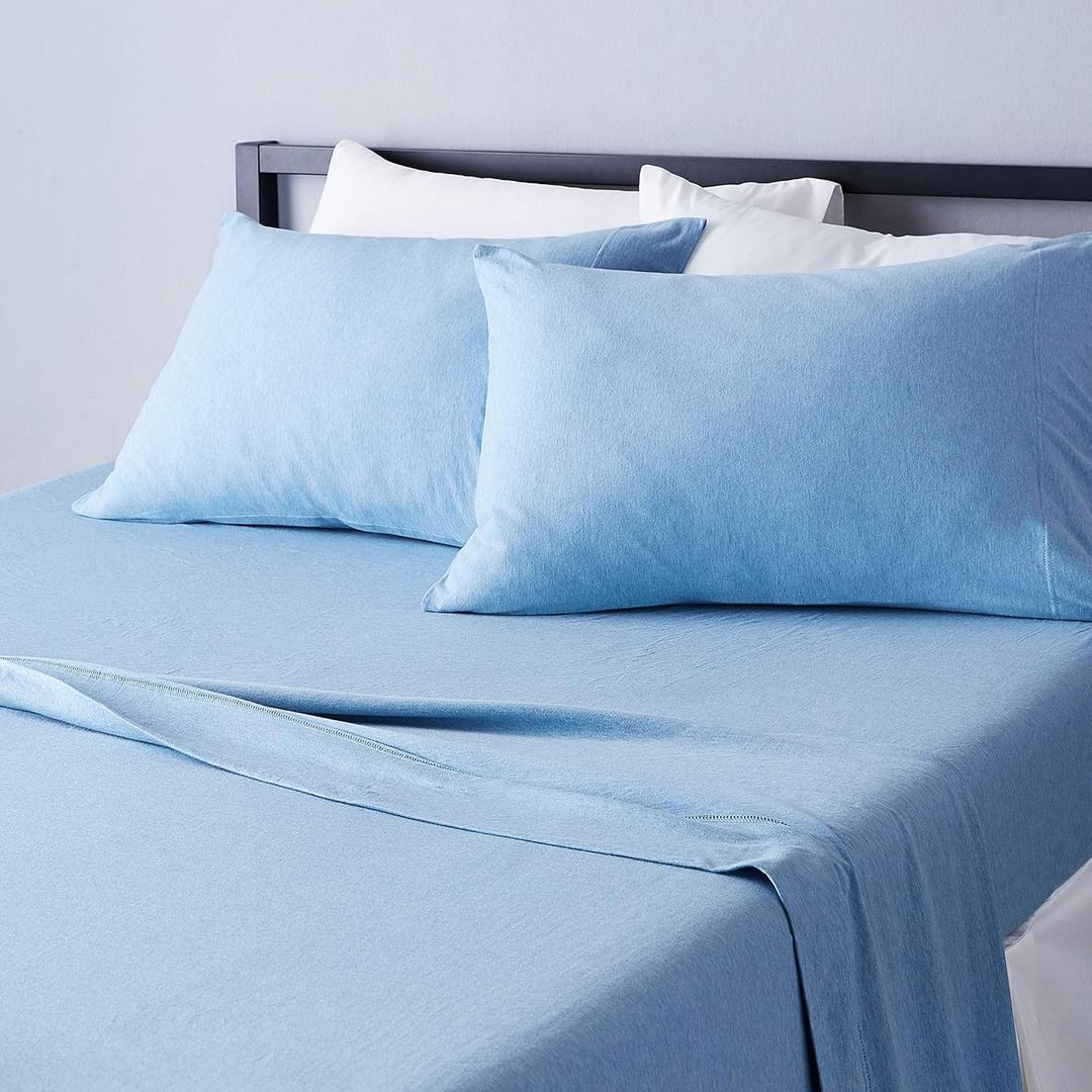 4 Piece Bed Sheets Set, 100% Cotton Jersey, Includes Super Soft, Flat and Fitted Sheets, Pillowcase, King, Sky Blue, Solid