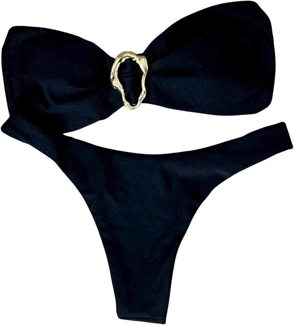 Milumia Women's Metal Ring Strapless Bikini Set High Cut Two Piece Bandeau Swimsuit Bathing Suit (Black)