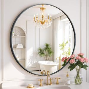 Round Wall Mirror 24 Inch Black Vanity Mirror with Metal Frame, Modern Circle for Bathroom, Entryway, Bedroom, Living Room, Wall Mounted Decorative Mirrors