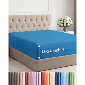 Extra Deep Full Fitted Sheet - Hotel Luxury Single Fitted Sheet Only - Easily Fits 18 inch to 24 inch Mattress - Ultra Soft, Wrinkle & Fade Free w/Extra Deep Pockets - Breathable & Comfy - Denim Blue