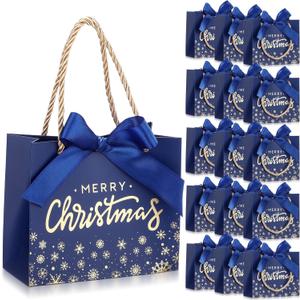 Tenceur 40 Pack Mini Christmas Gift Bags with Ribbon 5.5 x 2.4 x 4.7 Inch Small Christmas Goodies Bags Mini Xmas Candy Snack Packing with Handle for Xmas Holiday Wrapping Party Favor(Blue and Gold)