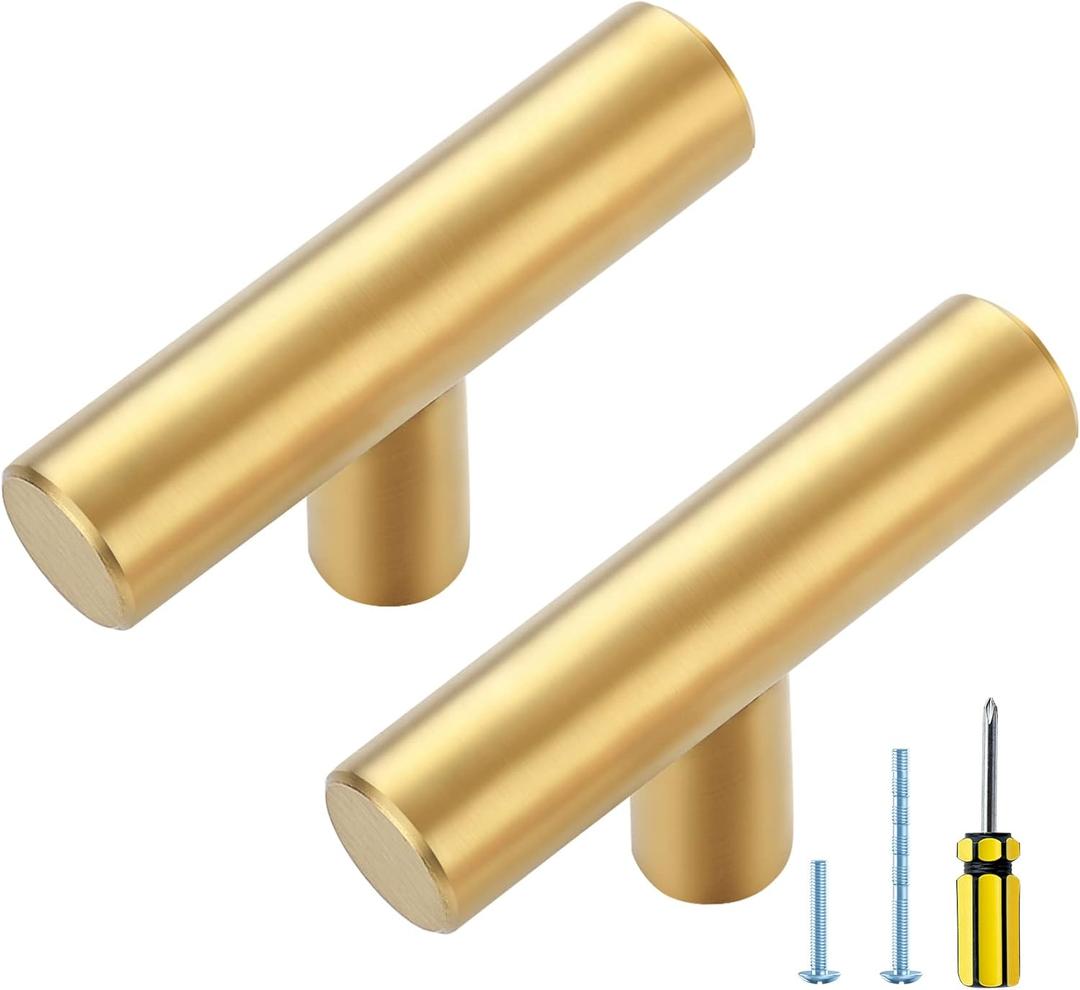 Ravinte 5 Pack Gold T Bar Cabinet Knobs 2 Inch Dresser Knobs Brushed Brass Single Hole Drawer Knobs Cabinet Handles
