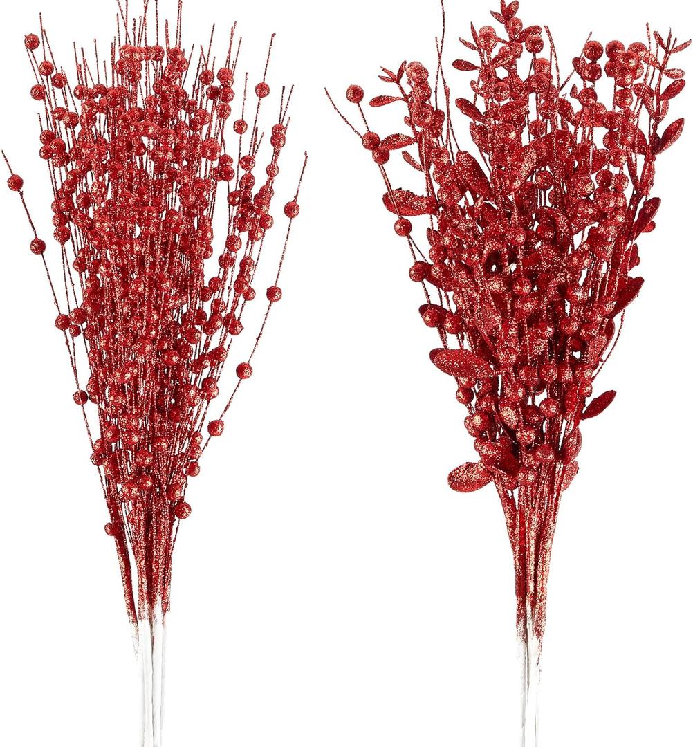 CristBest 24-Pack Christmas Tree Picks Ornaments, Artificial Glitter Berry Stem Glittery Twigs Ornaments for Christmas Tree Decorations, Small Vase, Holiday, Wedding, Party Decorations (Red)