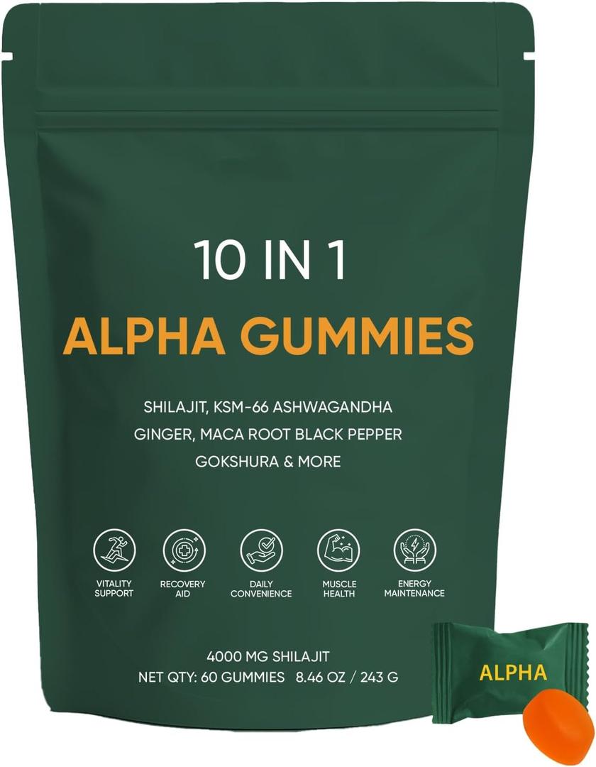 Art anime 10-in-1 Alpha Shilajit Gummies with Ashwagandha, 4000 mg Himalayan Shilajit, Fulvic Acid, 85+ Multi-Vitamins Minerals- for Energy Boost & Immune Support, Sugar-Free Vegan, 60 Gummies