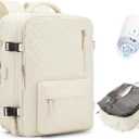 WONHOX Travel Vacuum Storage Backpack with Air Pump Vacuum Seal Compression Space Saver Bags Clothing Vacpack 18x14x8 inches Travel Bag Carry on Personal item Laptop Work Backpacks Women Men Beige