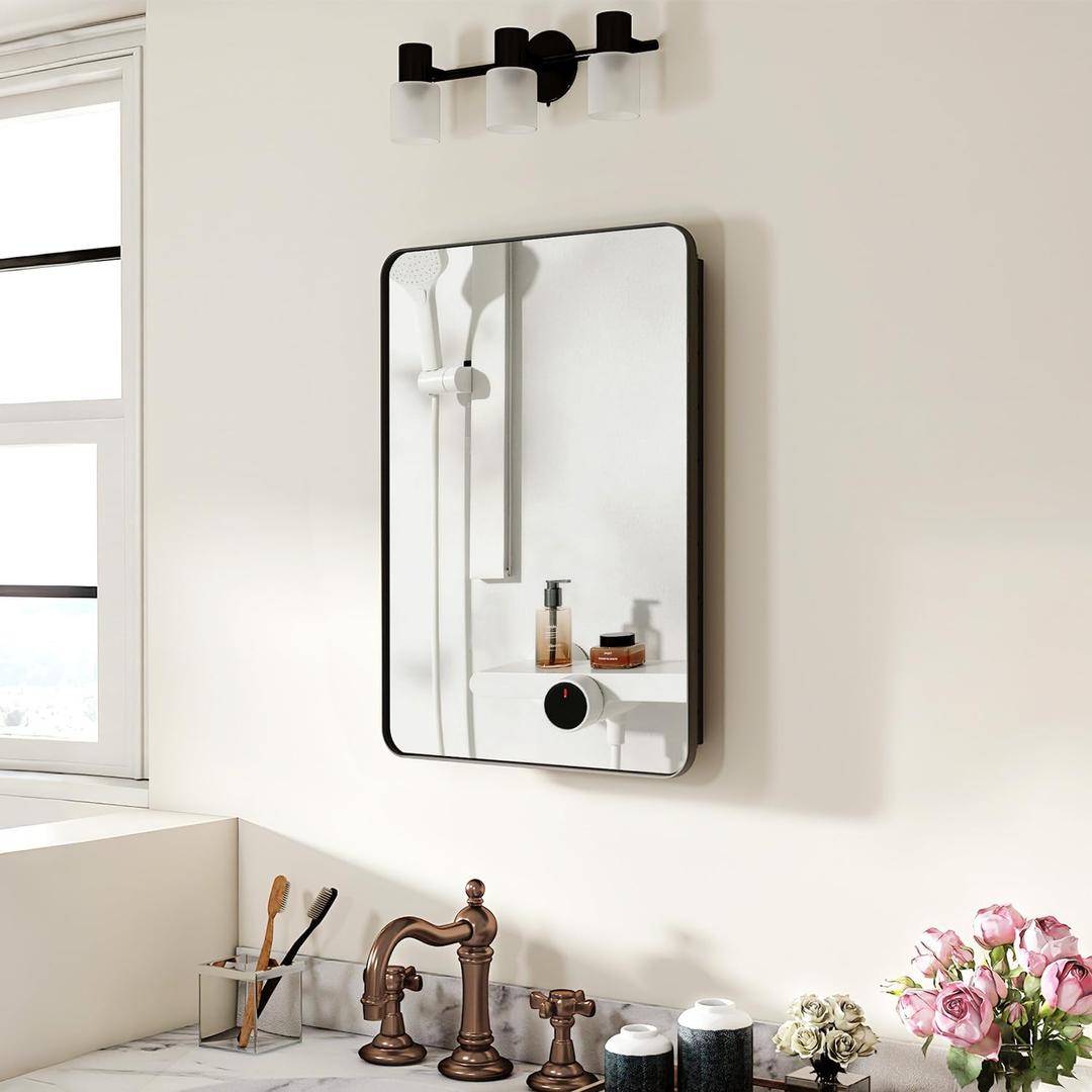 20x28 Inch Medicine Cabinet with Mirror for Bathroom, Black Aluminum Bathroom Medicine Cabinet, Recessed or Wall Mount Medicine Chest Over Sink, Modern Farmhouse Style, Fully Assembled