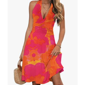 Wkior Women's Sundress Summer Beach Vacation Sleeveless Halter Neck A-Line 2025 Boho Floral Midi Dress with Pockets Size S