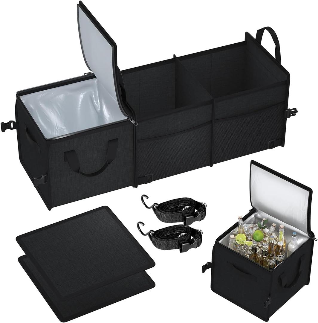 X-cosrack Trunk Organizer with Pack Portable Insulation Cooler Bag-Collapsible Multi-Compartment -Large Capacity Washable Car Storage Bag-To Suit SUV, Truck, Automotive, Any In-vehicle, Black