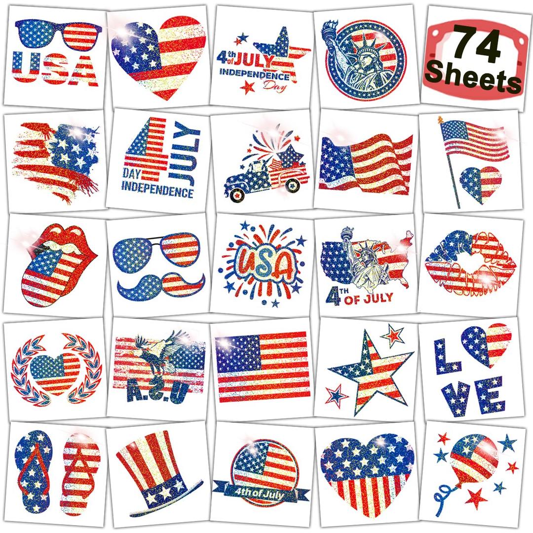 Glitter 4th of July Temporary Tattoos for Kids - 74 Individually Sheets Glitter American Flag Tattoos for Boys Girls Fourth of July Party Decorations and Independence Day Party Favors
