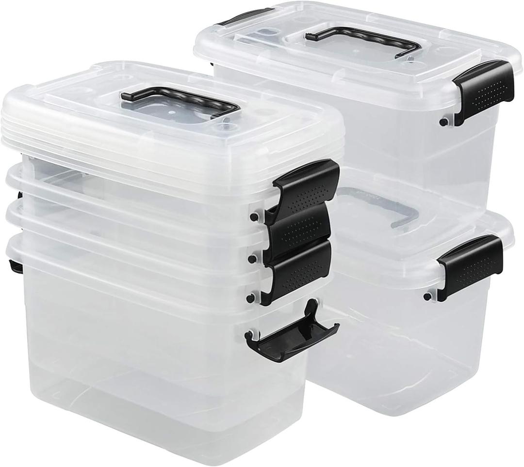 5 Quart Clear Storage Bin, Latching Box Container with Black Handle, 6 Packs