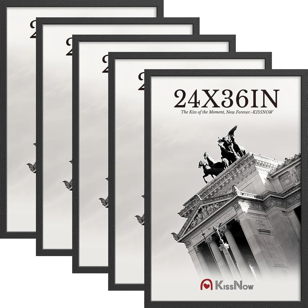 24x36 Poster Frame 5 Pack, Black Solid Wood Picture Frame for Wall